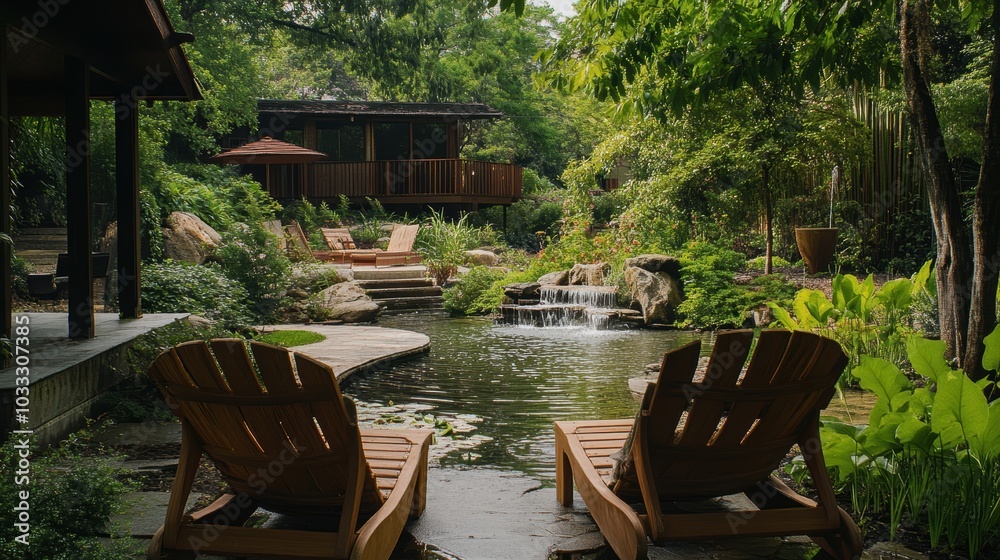 Wall mural two chairs facing a pond with a waterfall.