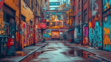Fototapeta premium Graffiti-covered alley with puddles reflecting the colors.