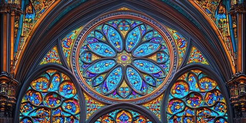 Obraz premium Colorful stained glass window with arched frame.