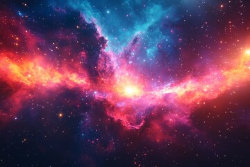 Naklejka premium Cosmic Nebula with Stars and Dust Clouds in Pink Blue and Orange Hues