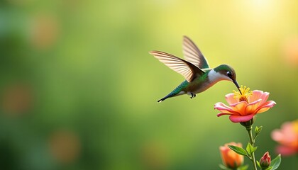 Fototapeta premium Vibrant hummingbird gracefully feeding on an orange flower against a blurred green background