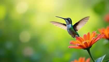 Obraz premium Vibrant hummingbird gracefully feeding on an orange flower against a blurred green background