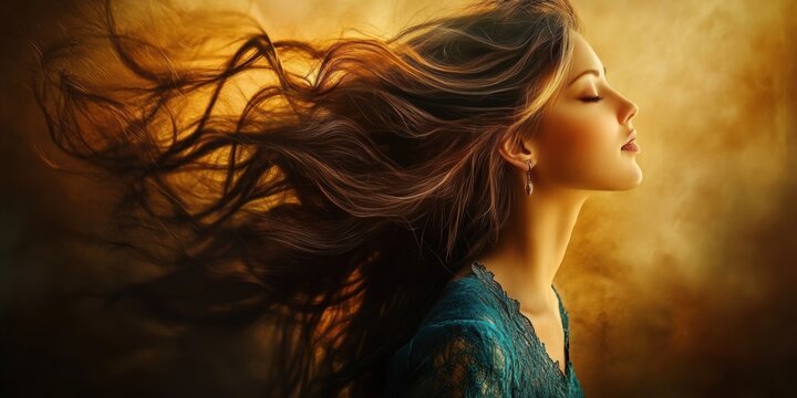 Woman with flowing hair, closed eyes, looking away.