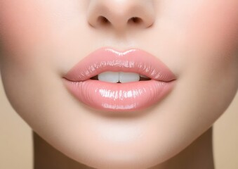 Obraz premium Close-up of open lips with a soft glossy sheen, ideal for beauty, fashion and aesthetic applications.Plump full lips. Close-up facial detail.