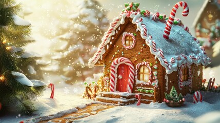 Fototapeta premium Enchanting gingerbread house in a snowy winter landscape