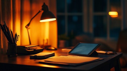 Cozy Home Office Desk Setup with Warm Light