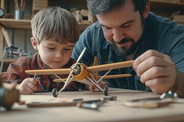 father and son assembling a model airplane, world hobby month.