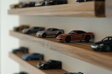 scale cars placed on wooden shelves, national hobby month.