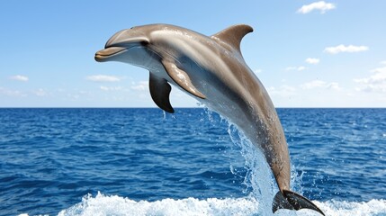 Dolphin Leaping Out of the Water with Blue Ocean and Sky Background