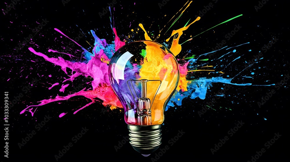 Wall mural a light bulb exploding with colorful paint splashes