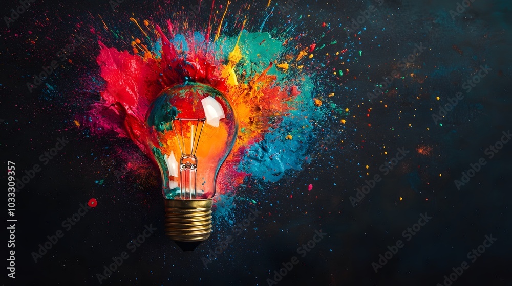 Wall mural light bulb exploding with colorful paint splatter