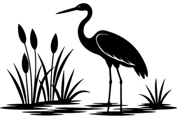 Stork Bird on the Water with Cattails Plants Silhouette Vector
