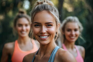 Obraz premium Smiling fitness women standing outdoors after workout, Generative AI