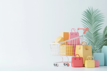 Animated online shopping banner with moving products and countdown timers on solid white background