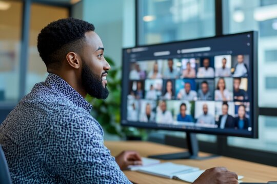 Black teacher in a virtual classroom, effectively using digital platforms on solid white background