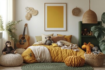 Yellow kids room interior with mock up poster frame, braided bed, green shelf, plush lampa, monkey, guitar, brown bedding, rug, basket, colorful toys and personal accessories. Home decor