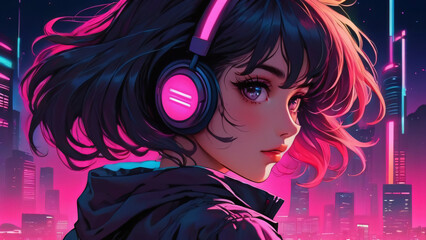 Naklejka premium Synthwave anime manga girl, lofi background wallpaper design, anime girl, Manga Style