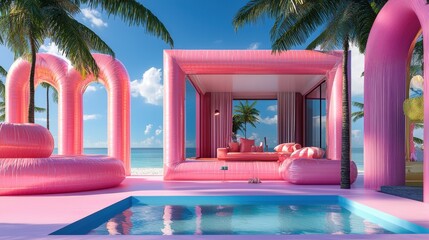 Vibrant pink tropical lounge by the beach