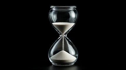 A classic hourglass with sand running through the bottom bulb, isolated on a black background.