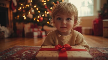 Child eagerly awaiting Christmas morning with a gift