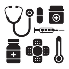 healthcare anillustration, vector, assistance, doctor, medicine, nurse, patient, symbol, health care, hospital, icon set, microscope, prescription, stethoscope, treatmend telemedicine Vector icons set