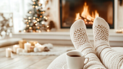 Woman in wool socks relaxing with a cup of hot drink near the fireplace