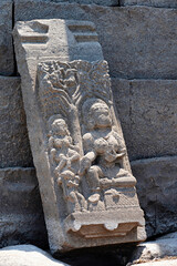 Carved idols on the outer wall of an old temple, near Palasdev Temple, Ujani Dam, Maharashtra, India