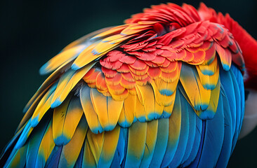 Fototapeta premium Close-up of colorful parrot feathers, vibrant reds and yellows with blue green highlights, exotic texture background