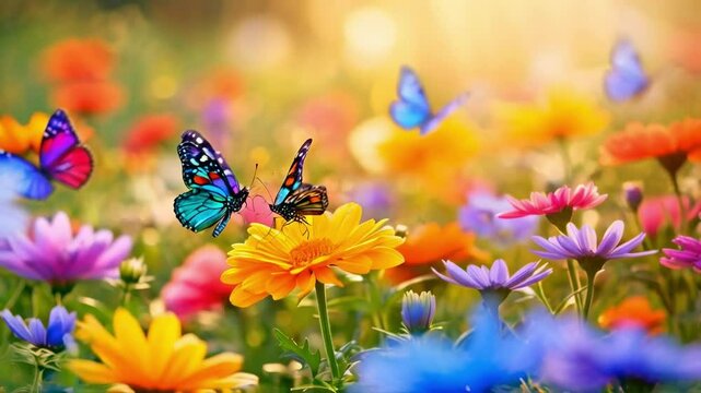 Rainbow Butterflies Dance in the Flower Field
