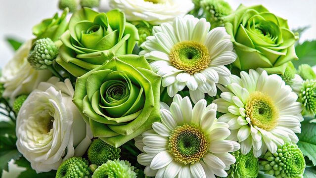 Bouquet of green roses and white gerbera flowers