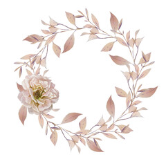 Obraz premium Watercolor wedding autumn wreath with rosehip blossom, rose flower and leaves.