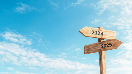 Wooden Signposts with 2024 and 2025 Directions Against Clear Blue Sky. Concept of Time, Future, and Transition Between Years.