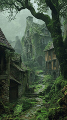 Naklejka premium an abandoned village overgrown with thick moss, the crumbling stone buildings and wooden houses slowly being reclaimed by nature, eerie mist swirling through the empty streets, ancient trees towering 