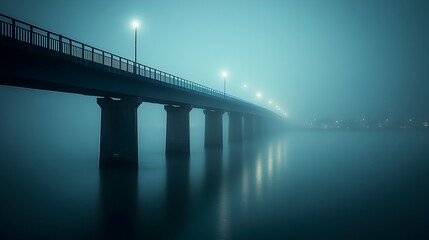 Mysterious Bridge Disappearing Into Foggy City Skyline with Glowing Lights