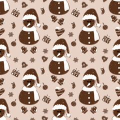 christmas snowman background, Seamless pattern for new year decoration on light color background. Trendy modern vector illustration. Cute hand drawn