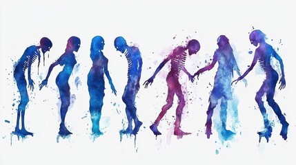 creepy watercolor silouhettes of cute mummies approaching , halloween clip art set 