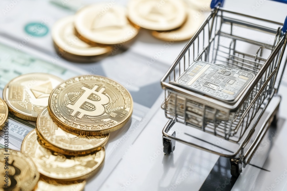 Poster Online shopping banner featuring cryptocurrency integration with Bitcoin and Ethereum visuals on solid white background,