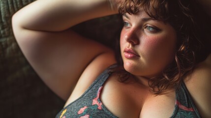 Fototapeta premium Overweight woman and mental health, addressing the intersection of body image, self-esteem, and mental well-being