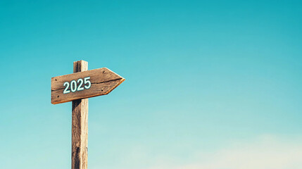 Wooden Arrow Sign with 2025 Inscription Pointing Forward Against a Clear Blue Sky. Concept of Future, Progress, and New Opportunities.