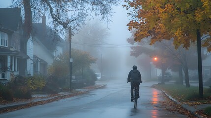 Cyclist Riding Through Misty Foggy Street in Quiet Neighborhood at Dawn