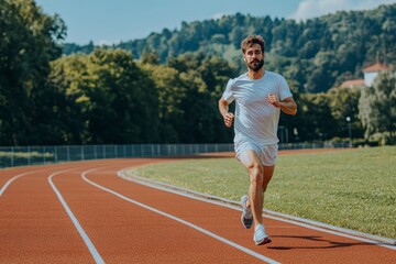 Obraz premium Fit athlete running race in athletics racetrack on a sunny day