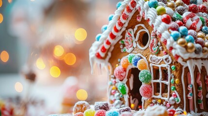 Festively decorated gingerbread house with colorful candies