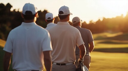 Group of golfers walking on a sunlit course during late afternoon, preparing for a round of golf