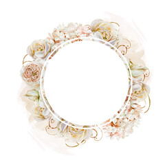 Watercolor autumn wedding wreath with flowers of roses and peonies.