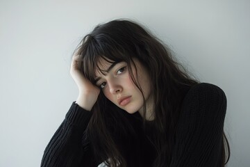 Fototapeta premium Sad girl and mental health, exploring the relationship between sadness and mental health on solid white background,