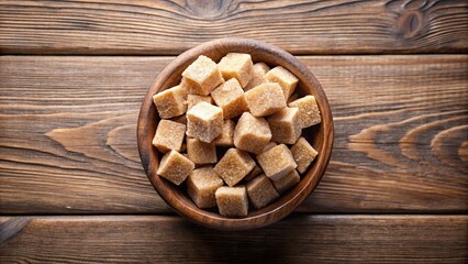 Fototapeta premium Bowl of cane sugar cubes on a wooden table in fisheye perspective