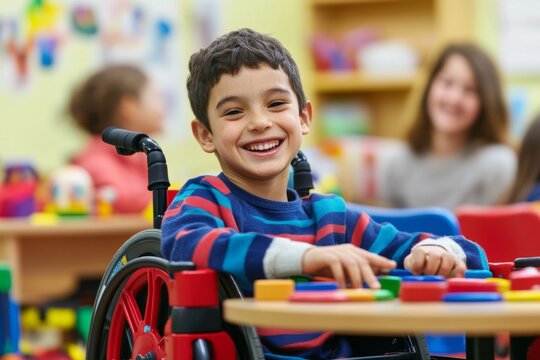 close-up of boy child in wheelchair, plays with friends at the table of special school classroom