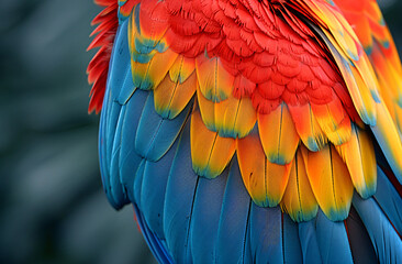 Obraz premium Close-up of colorful parrot feathers texture background, red yellow green blue macaw bird plumage pattern