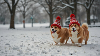 Two cute red Corgis in knitted hats walking in heavy snowfall.