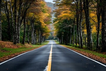 Obraz premium Serene Autumn Roadway Framed by Colorful Trees